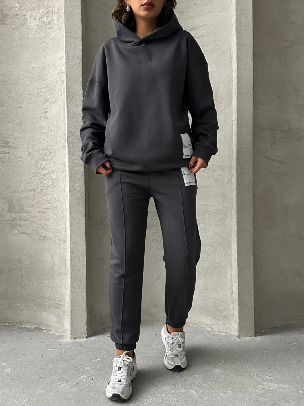 TKM-03634 Füme Etiket Detaylı Kapüşonlu Sweatshirt Çimalı Jogger İki İplik Şardonlu İkili Takım - 6