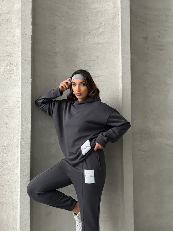 TKM-03634 Füme Etiket Detaylı Kapüşonlu Sweatshirt Çimalı Jogger İki İplik Şardonlu İkili Takım - 7