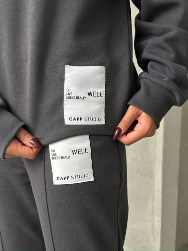TKM-03634 Füme Etiket Detaylı Kapüşonlu Sweatshirt Çimalı Jogger İki İplik Şardonlu İkili Takım - 3