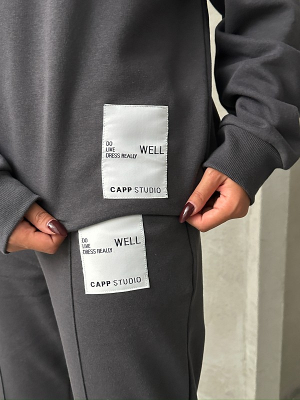 TKM-03634 Füme Etiket Detaylı Kapüşonlu Sweatshirt Çimalı Jogger İki İplik Şardonlu İkili Takım - 3