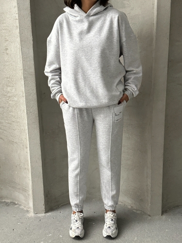 TKM-03634 Karmelanj Etiket Detaylı Kapüşonlu Sweatshirt Çimalı Jogger İki İplik Şardonlu İkili Takım - 2