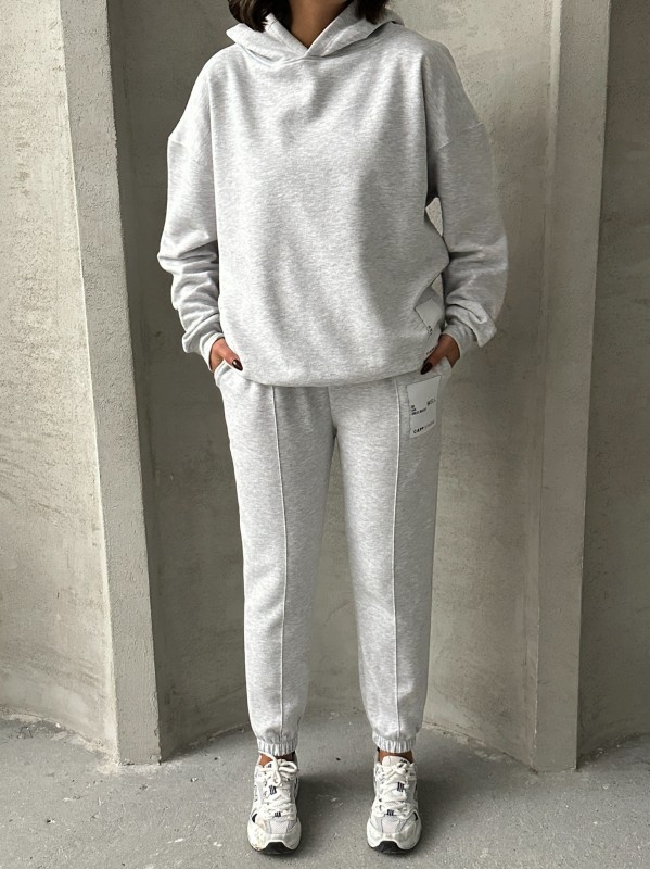 TKM-03634 Karmelanj Etiket Detaylı Kapüşonlu Sweatshirt Çimalı Jogger İki İplik Şardonlu İkili Takım - 2