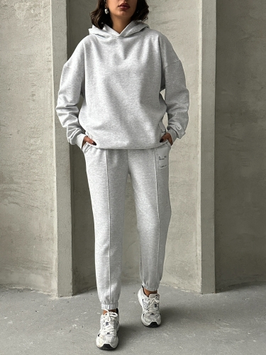 TKM-03634 Karmelanj Etiket Detaylı Kapüşonlu Sweatshirt Çimalı Jogger İki İplik Şardonlu İkili Takım - 6
