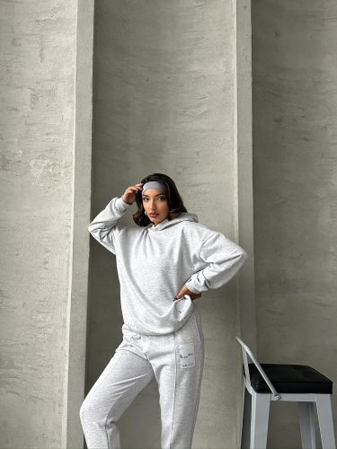 TKM-03634 Karmelanj Etiket Detaylı Kapüşonlu Sweatshirt Çimalı Jogger İki İplik Şardonlu İkili Takım - 8
