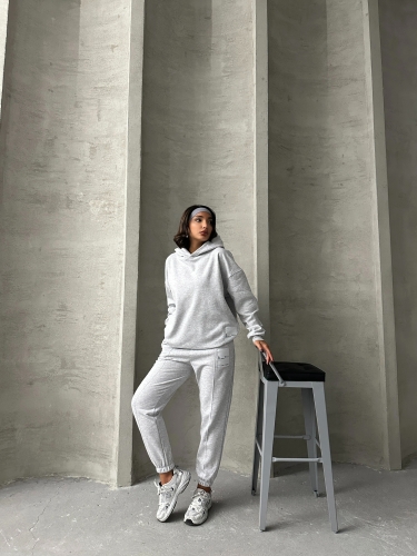 TKM-03634 Karmelanj Etiket Detaylı Kapüşonlu Sweatshirt Çimalı Jogger İki İplik Şardonlu İkili Takım - 5