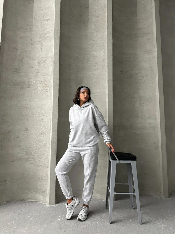 TKM-03634 Karmelanj Etiket Detaylı Kapüşonlu Sweatshirt Çimalı Jogger İki İplik Şardonlu İkili Takım - 5