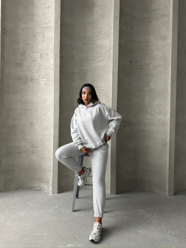 TKM-03634 Karmelanj Etiket Detaylı Kapüşonlu Sweatshirt Çimalı Jogger İki İplik Şardonlu İkili Takım 