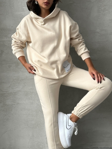 TKM-03634 Krem Rengi Etiket Detaylı Kapüşonlu Sweatshirt Çimalı Jogger İki İplik Şardonlu İkili Takım - Thumbnail