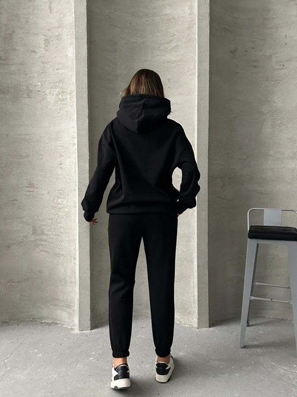 TKM-03634 Siyah Etiket Detaylı Kapüşonlu Sweatshirt Çimalı Jogger İki İplik Şardonlu İkili Takım - 8