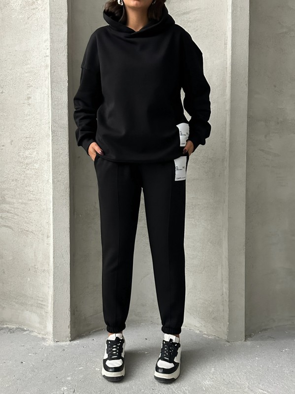 TKM-03634 Siyah Etiket Detaylı Kapüşonlu Sweatshirt Çimalı Jogger İki İplik Şardonlu İkili Takım - 4
