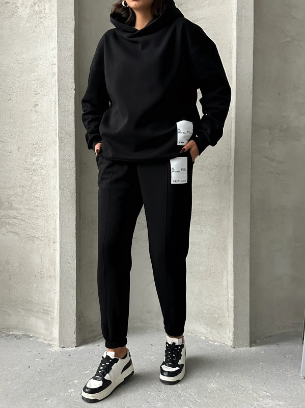 TKM-03634 Siyah Etiket Detaylı Kapüşonlu Sweatshirt Çimalı Jogger İki İplik Şardonlu İkili Takım - 6