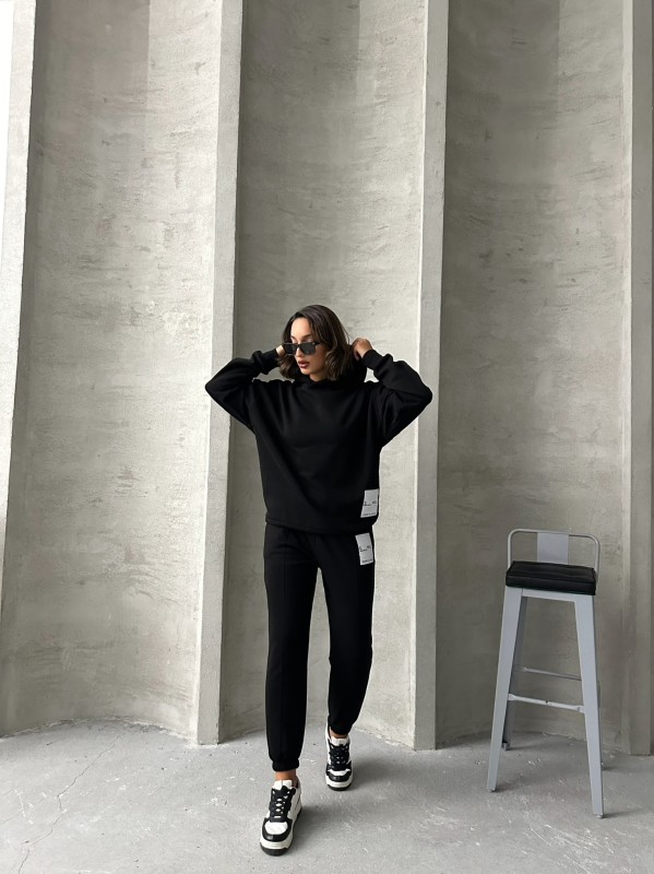TKM-03634 Siyah Etiket Detaylı Kapüşonlu Sweatshirt Çimalı Jogger İki İplik Şardonlu İkili Takım - 5