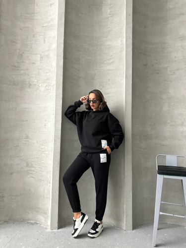 TKM-03634 Siyah Etiket Detaylı Kapüşonlu Sweatshirt Çimalı Jogger İki İplik Şardonlu İkili Takım 