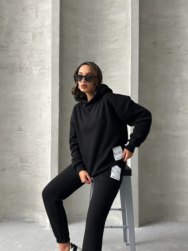 TKM-03634 Siyah Etiket Detaylı Kapüşonlu Sweatshirt Çimalı Jogger İki İplik Şardonlu İkili Takım - 7