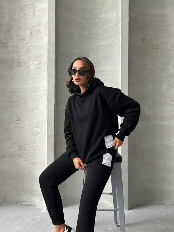 TKM-03634 Siyah Etiket Detaylı Kapüşonlu Sweatshirt Çimalı Jogger İki İplik Şardonlu İkili Takım - 7
