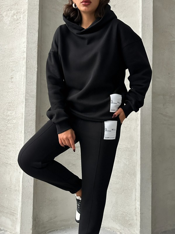 TKM-03634 Siyah Etiket Detaylı Kapüşonlu Sweatshirt Çimalı Jogger İki İplik Şardonlu İkili Takım - 3