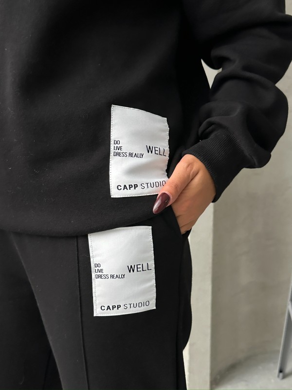 TKM-03634 Siyah Etiket Detaylı Kapüşonlu Sweatshirt Çimalı Jogger İki İplik Şardonlu İkili Takım - 2