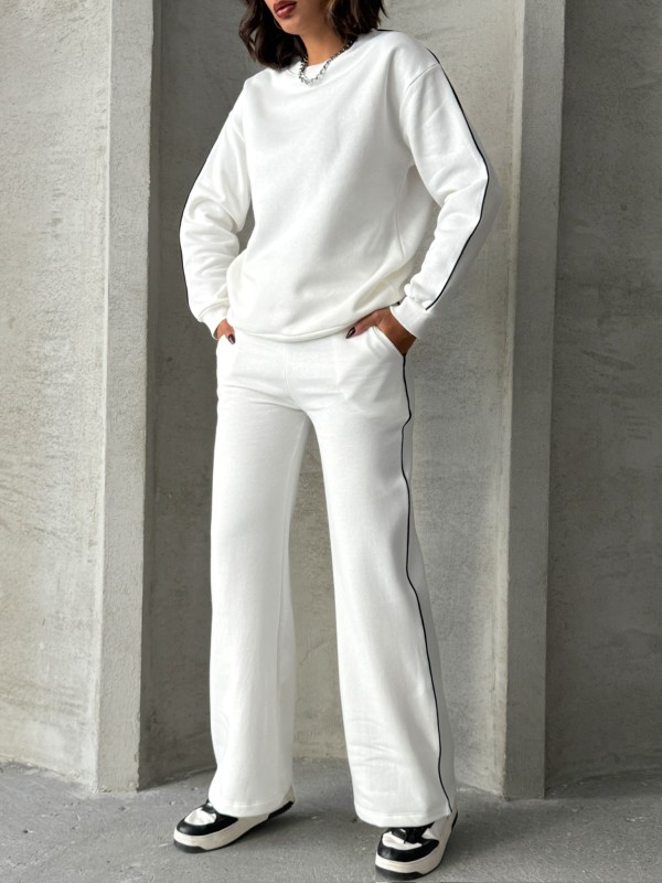 TKM-03636 Beyaz İnce Biye Detaylı Salaş Sweatshirt Palazzo Eşofman İki İplik Şardonlu İkili Takım - 1