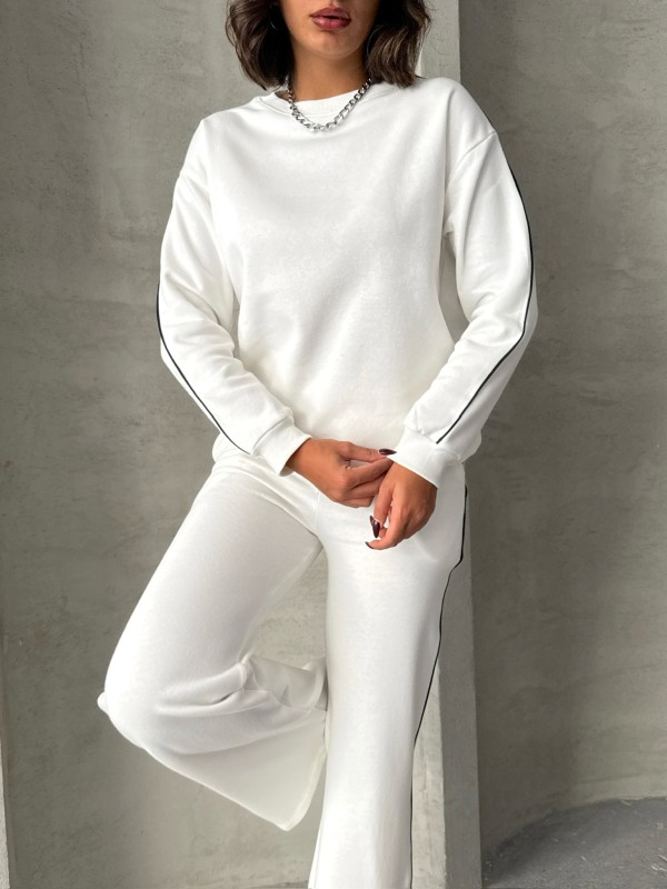 TKM-03636 Beyaz İnce Biye Detaylı Salaş Sweatshirt Palazzo Eşofman İki İplik Şardonlu İkili Takım - 4