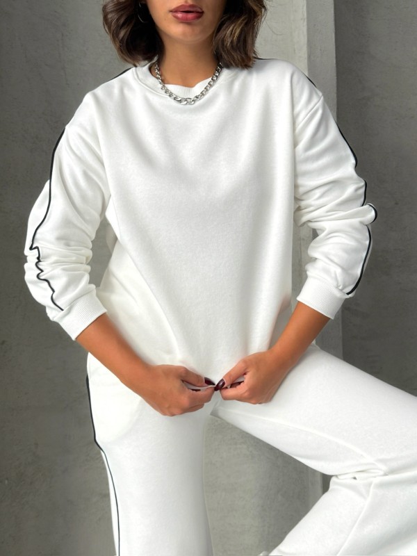 TKM-03636 Beyaz İnce Biye Detaylı Salaş Sweatshirt Palazzo Eşofman İki İplik Şardonlu İkili Takım - 6