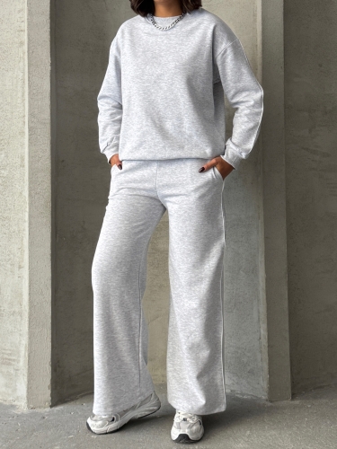 TKM-03636 Karmelanj İnce Biye Detaylı Salaş Sweatshirt Palazzo Eşofman İki İplik Şardonlu İkili Takım 