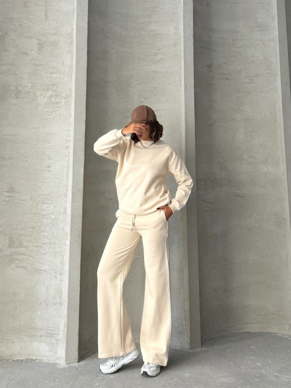 TKM-03636 Krem Rengi İnce Biye Detaylı Salaş Sweatshirt Palazzo Eşofman İki İplik Şardonlu İkili Takım - 2