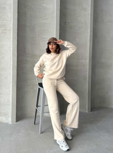 TKM-03636 Krem Rengi İnce Biye Detaylı Salaş Sweatshirt Palazzo Eşofman İki İplik Şardonlu İkili Takım - 6