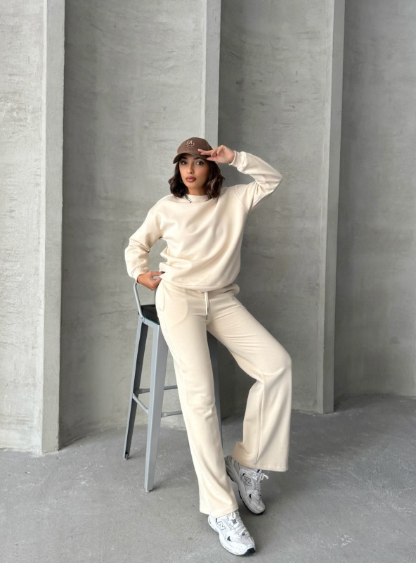 TKM-03636 Krem Rengi İnce Biye Detaylı Salaş Sweatshirt Palazzo Eşofman İki İplik Şardonlu İkili Takım - 6
