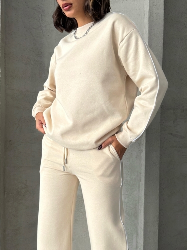 TKM-03636 Krem Rengi İnce Biye Detaylı Salaş Sweatshirt Palazzo Eşofman İki İplik Şardonlu İkili Takım - 3