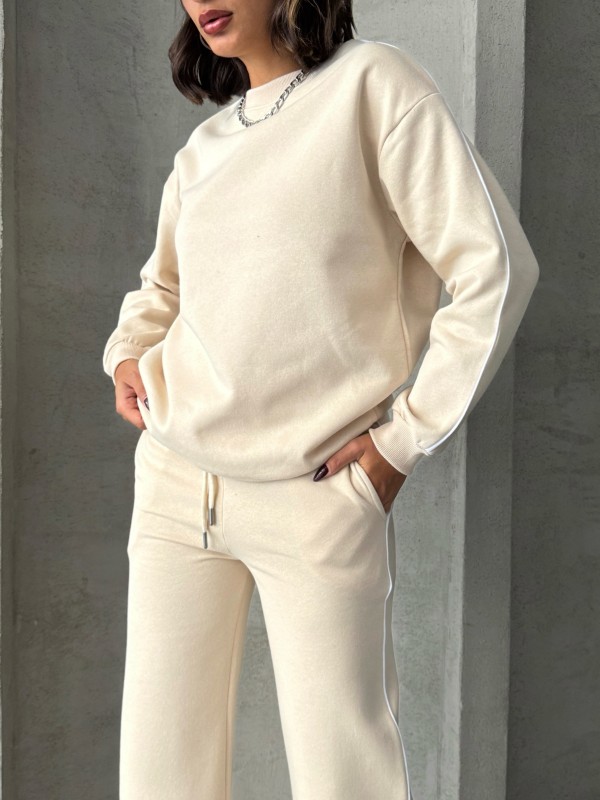 TKM-03636 Krem Rengi İnce Biye Detaylı Salaş Sweatshirt Palazzo Eşofman İki İplik Şardonlu İkili Takım - 3