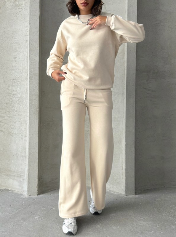 TKM-03636 Krem Rengi İnce Biye Detaylı Salaş Sweatshirt Palazzo Eşofman İki İplik Şardonlu İkili Takım - 5