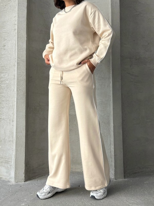 TKM-03636 Krem Rengi İnce Biye Detaylı Salaş Sweatshirt Palazzo Eşofman İki İplik Şardonlu İkili Takım - 1