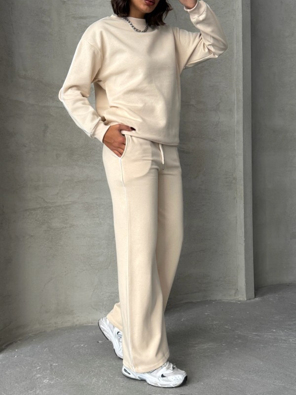 TKM-03636 Krem Rengi İnce Biye Detaylı Salaş Sweatshirt Palazzo Eşofman İki İplik Şardonlu İkili Takım - 7