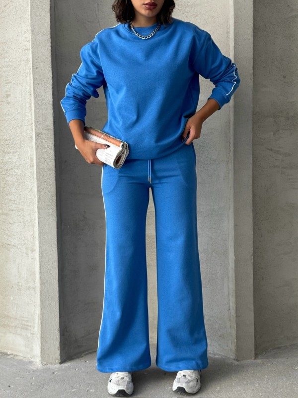 TKM-03636 Mavi İnce Biye Detaylı Salaş Sweatshirt Palazzo Eşofman İki İplik Şardonlu İkili Takım - 5