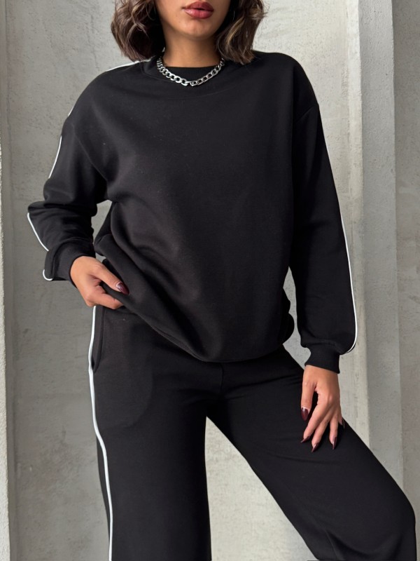 TKM-03636 Siyah İnce Biye Detaylı Salaş Sweatshirt Palazzo Eşofman İki İplik Şardonlu İkili Takım - 3