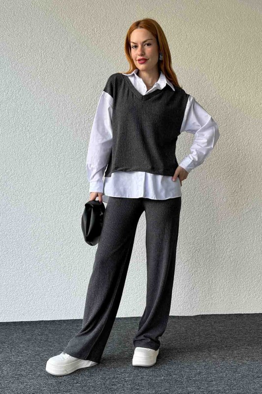 TKM-03640 Füme Gömlekli Süveter Salaş Pantolon İkili Takım - 3