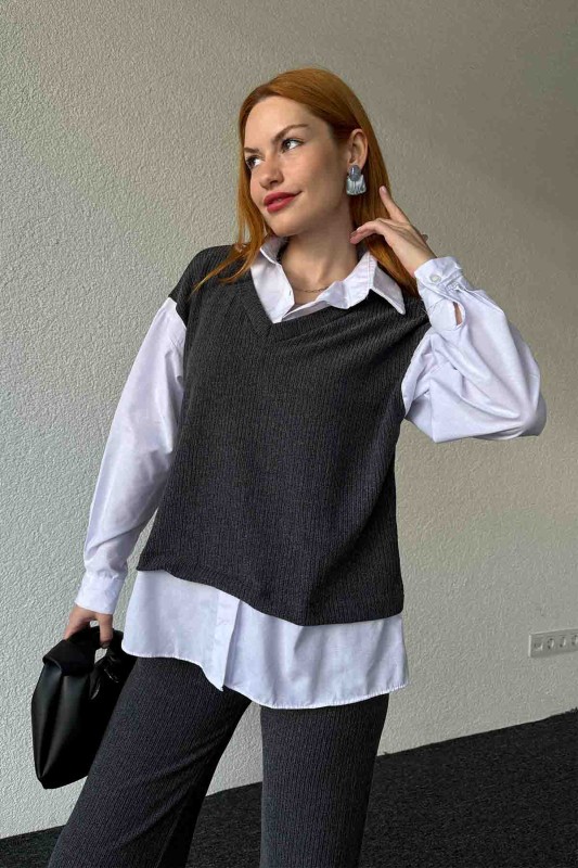 TKM-03640 Füme Gömlekli Süveter Salaş Pantolon İkili Takım - 2