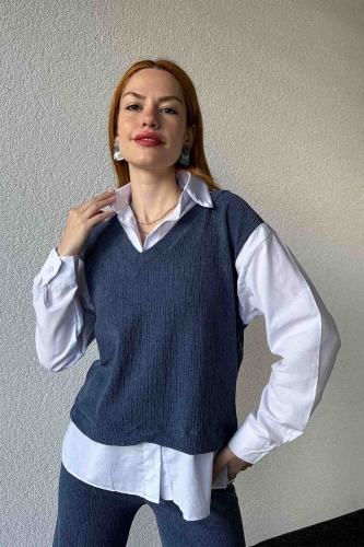 TKM-03640 İndigo Mavi Gömlekli Süveter Salaş Pantolon İkili Takım - 3