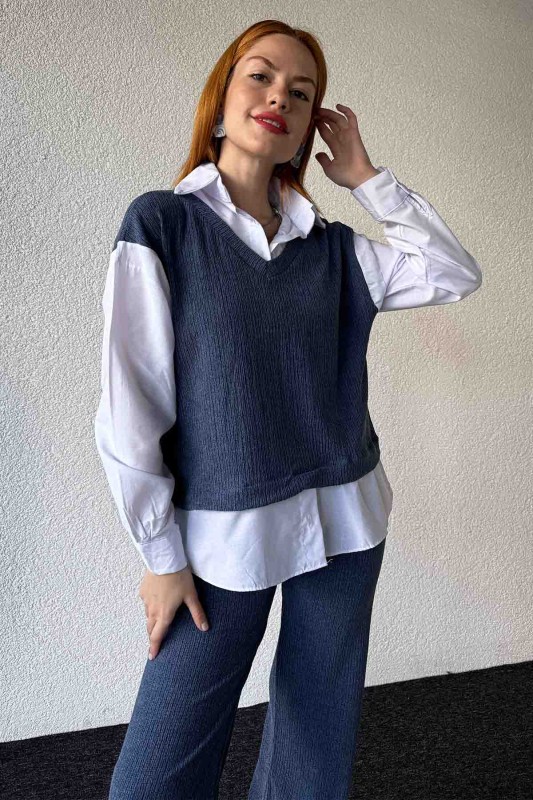 TKM-03640 İndigo Mavi Gömlekli Süveter Salaş Pantolon İkili Takım - 2