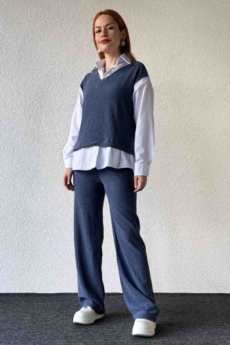 TKM-03640 İndigo Mavi Gömlekli Süveter Salaş Pantolon İkili Takım - 6
