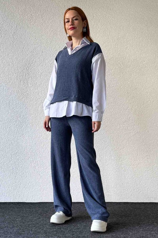 TKM-03640 İndigo Mavi Gömlekli Süveter Salaş Pantolon İkili Takım - 6