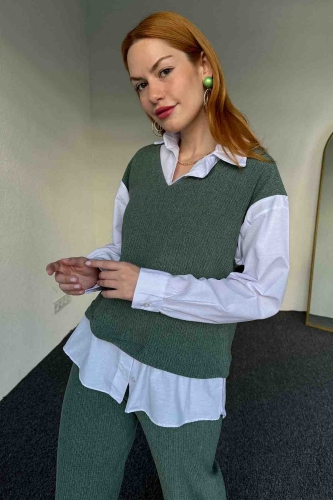 TKM-03640 Yeşil Gömlekli Süveter Salaş Pantolon İkili Takım - 4