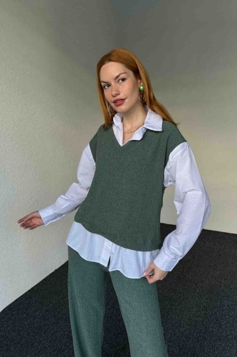 TKM-03640 Yeşil Gömlekli Süveter Salaş Pantolon İkili Takım - 5