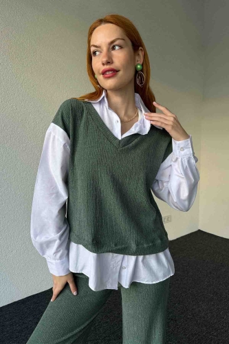TKM-03640 Yeşil Gömlekli Süveter Salaş Pantolon İkili Takım - 2