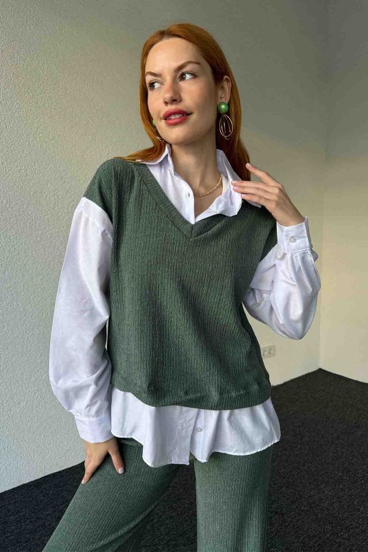 TKM-03640 Yeşil Gömlekli Süveter Salaş Pantolon İkili Takım - 2