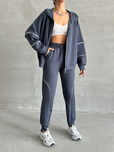 TKM-03642 Füme Çizgili Modal Kumaş Fermuarlı Hırka Jogger Eşofman İkili Takım 