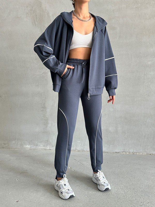 TKM-03642 Füme Çizgili Modal Kumaş Fermuarlı Hırka Jogger Eşofman İkili Takım - 1