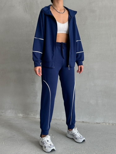 TKM-03642 Lacivert Çizgili Modal Kumaş Fermuarlı Hırka Jogger Eşofman İkili Takım 