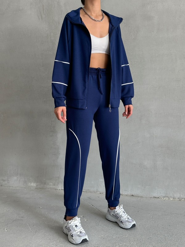 TKM-03642 Lacivert Çizgili Modal Kumaş Fermuarlı Hırka Jogger Eşofman İkili Takım - 1
