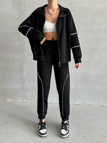 TKM-03642 Siyah Çizgili Modal Kumaş Fermuarlı Hırka Jogger Eşofman İkili Takım 